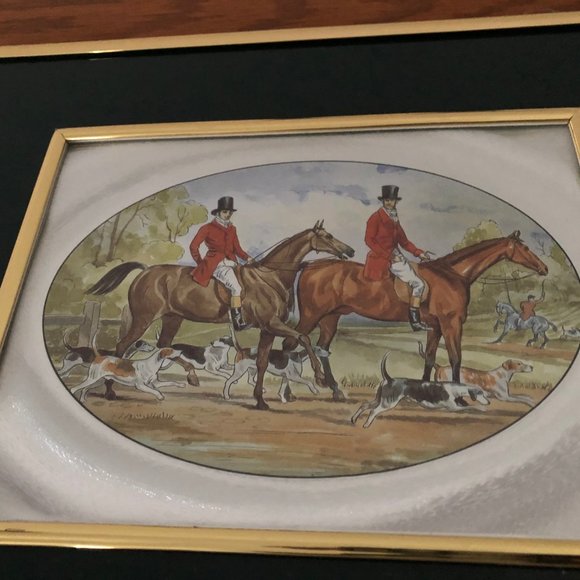 Framed metallic foil art print men riding horses running dogs - Picture 2 of 4